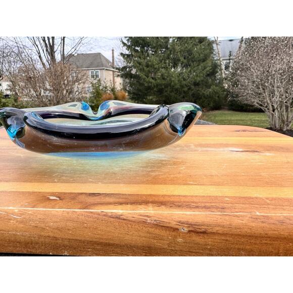 Vintage Murano Style Art Glass Ashtray Bowl 9” Teal Turquoise Sommerso Heavy MCM - Picture 4 of 8